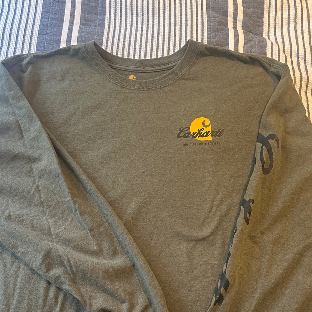 Carhartt Olive Green Long Sleeve Logo Tee with Yellow Chest Accent